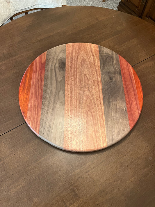 20” exotic woods Lazy Susan. Protective rubber feet on the swivel to guard against scratches to your table or countertop 